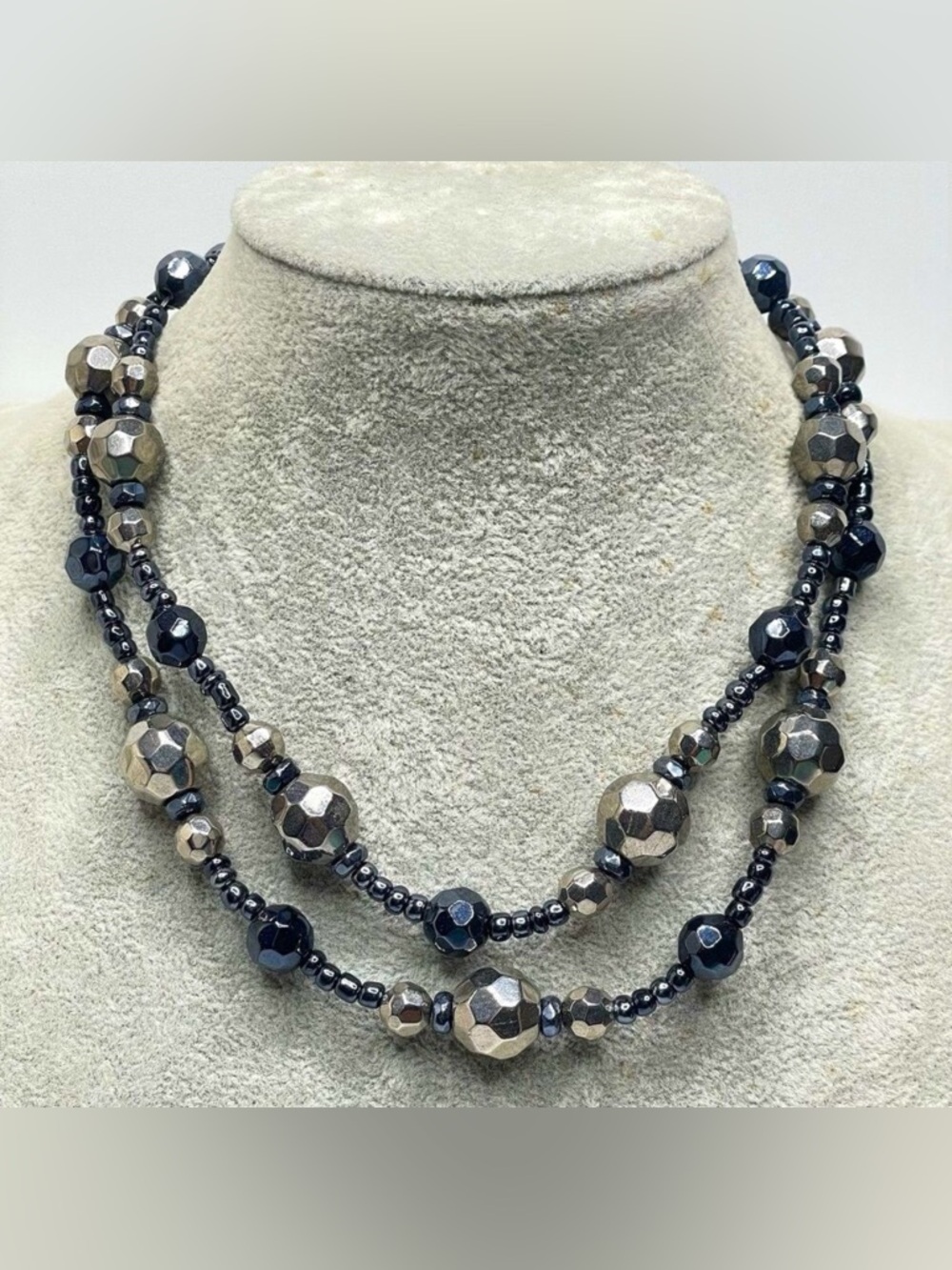 Vintage Robert Rose Necklace Black Silver Hematite Beaded 2 Layer Necklace Boho